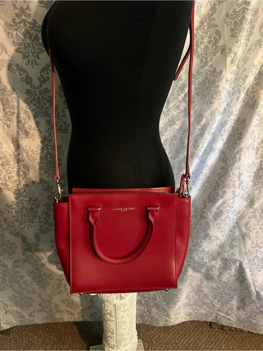 Lancaster Paris Camelia Red Leather Handbag with Detachable Strap